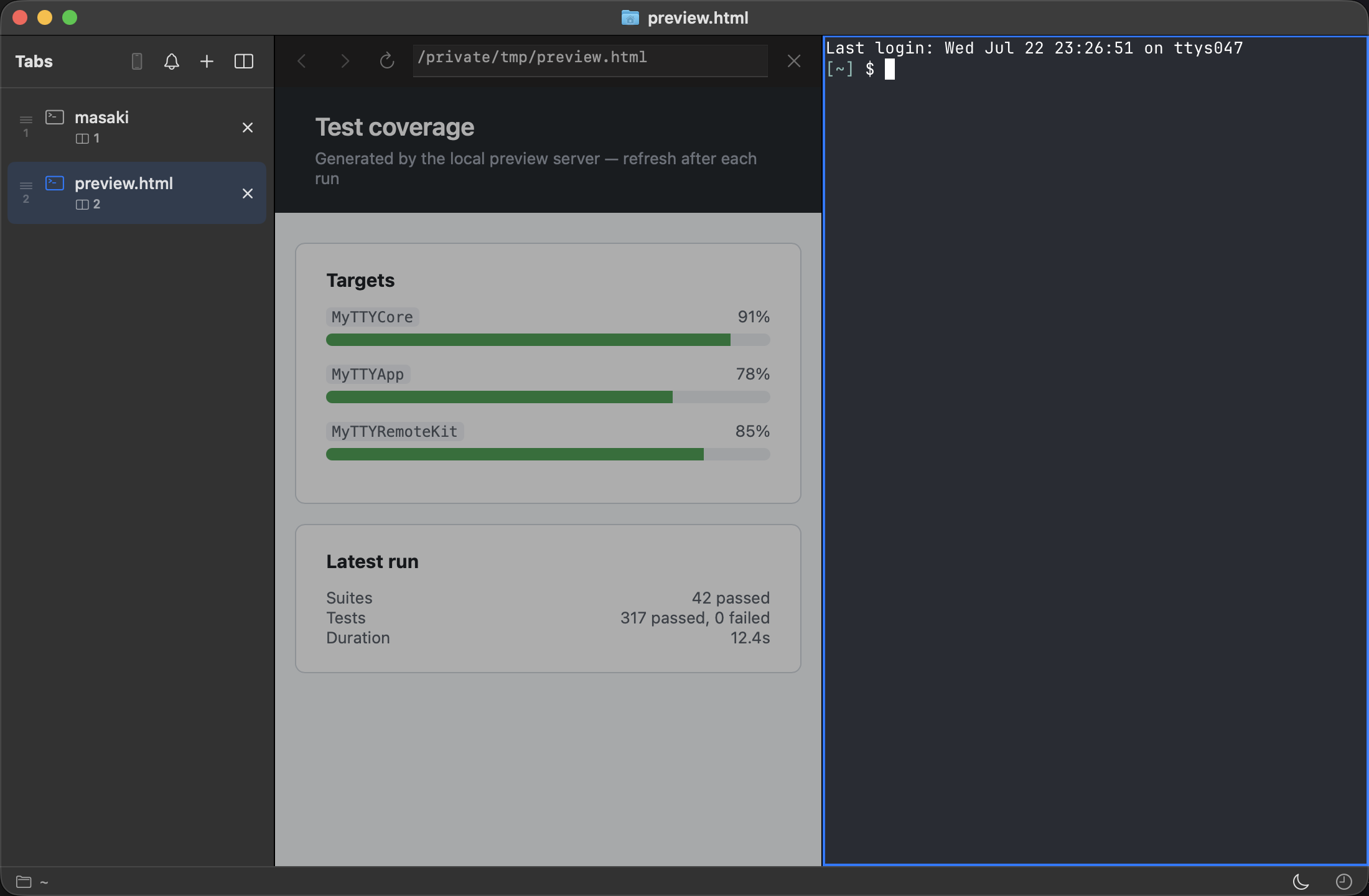 A browser pane showing a local HTML report, with a terminal pane split to the right