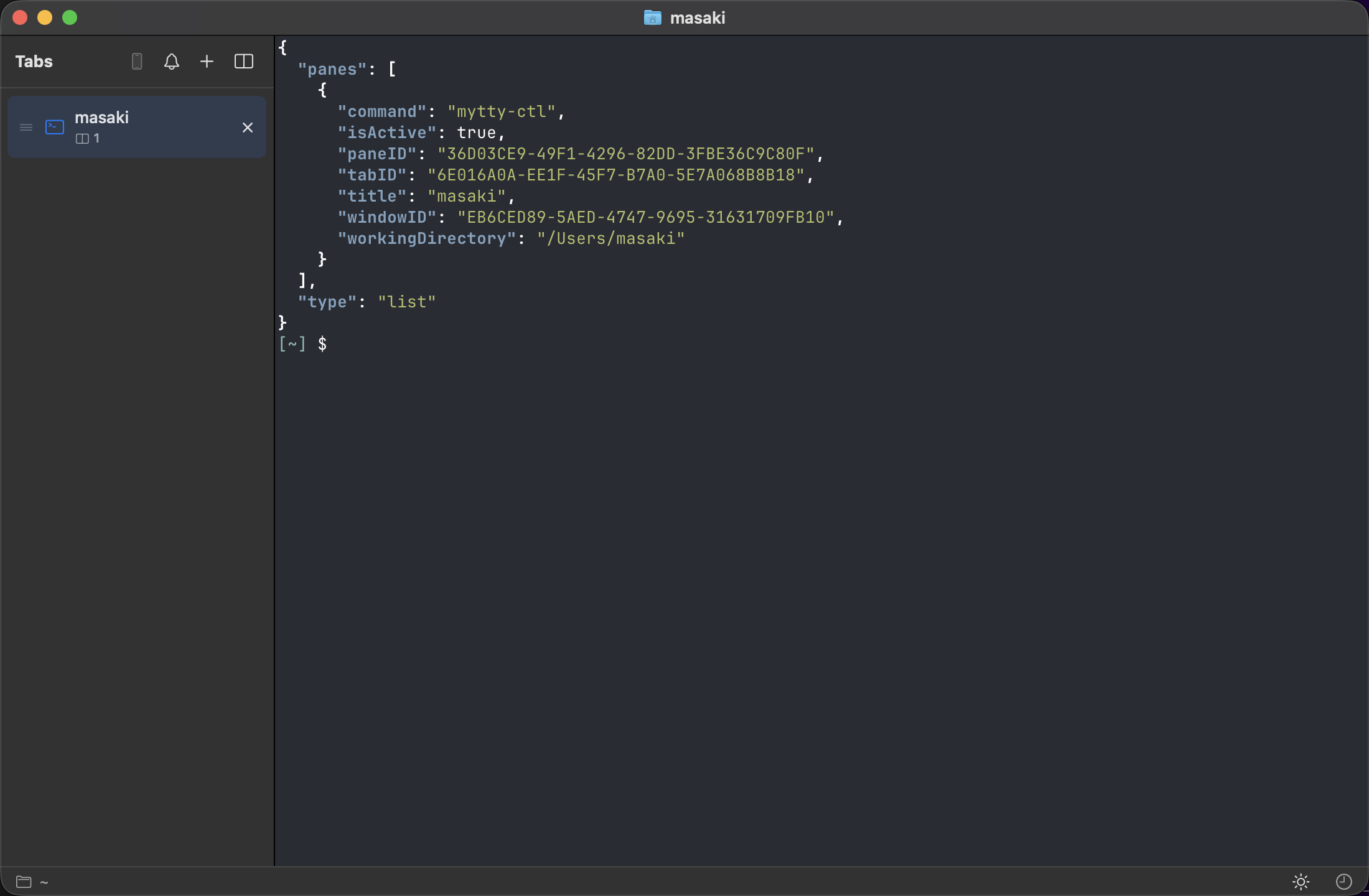 mytty-ctl list | jq . run from inside a Mytty pane