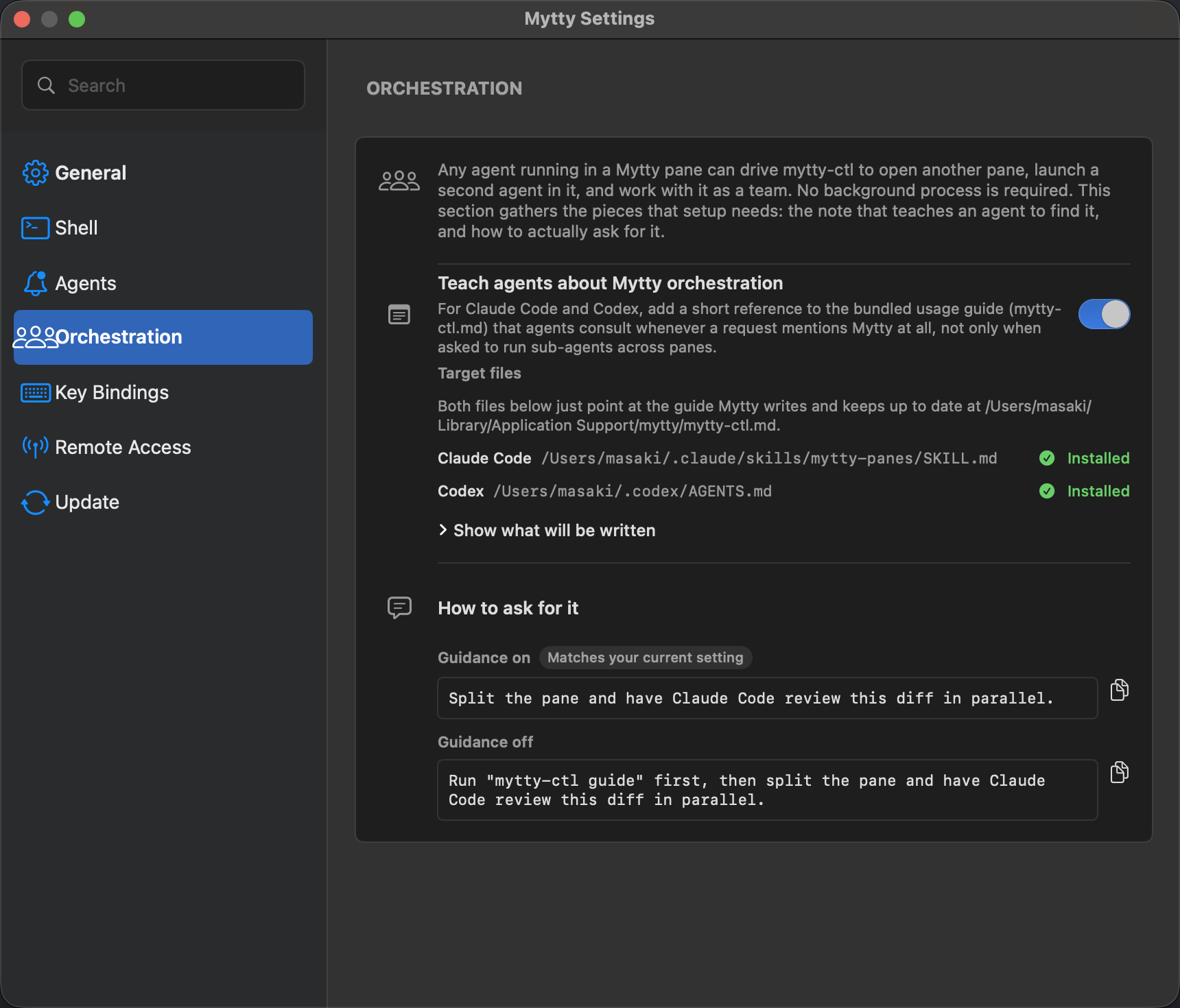 Settings > Orchestration, with the toggle that teaches agents about Mytty orchestration