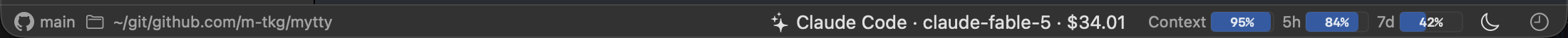 The status bar showing the branch, working directory, the running AI agent's name and model, and the remaining context and limits